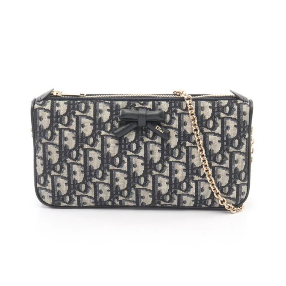 Christian Dior Oblique Bow Shoulder Bag Canvas Leather Beige Cream Navy Blue